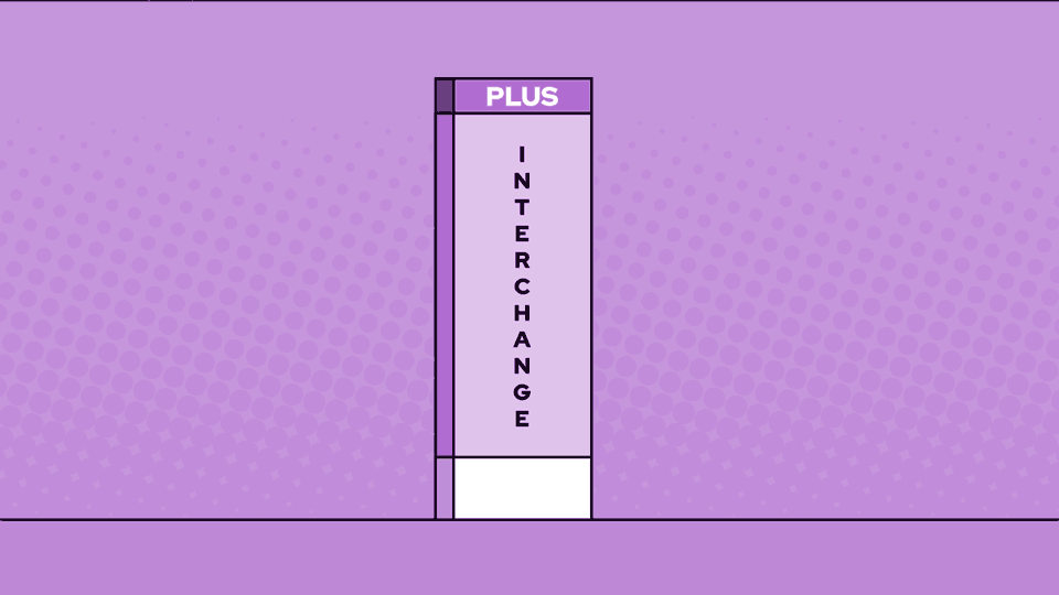 Purple Background and Pillar gif of a column that is sectioned into three components. A small part is sliding out to signify decreases in interchange rates or fees of the overall interchange rate. 